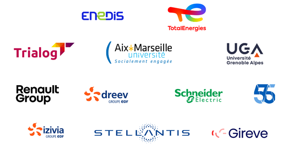 Les treize acteurs de l’écosystème de la mobilité électrique : Renault Group, Stellantis, IZIVIA, Schneider Electric, Dreev, TotalEnergies, GIREVE, Trialog, Electric 55 Charging, Université Grenoble Alpes, Aix Marseille Université.