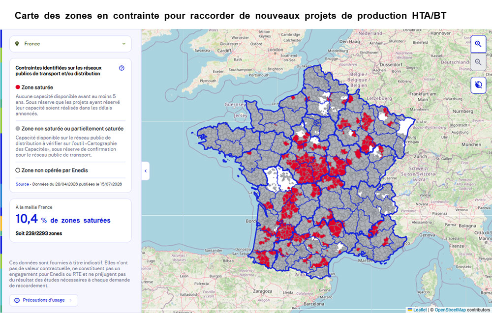 Carte des zones en contrainte pour raccorder de nouveaux projets de production